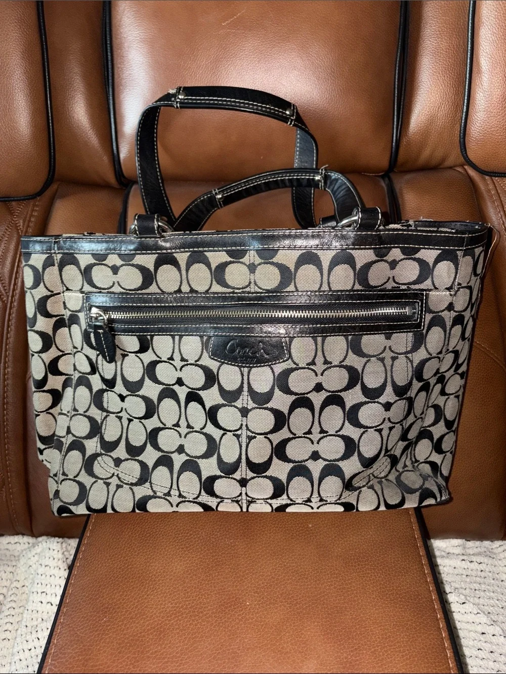 Vintage sCoach Signature Canvas Messenger Bag in Black and Tan